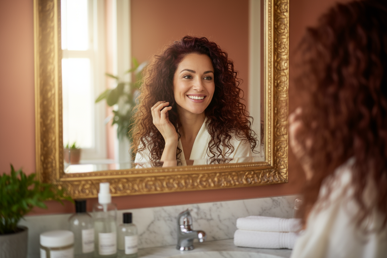 DONNA CAPELLI LUNGHI RICCI CHE SI GUARDA NELLO SPECCHIO SORIDENDO